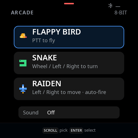 Arcade menu with Flappy Bird, Snake, Raiden and Sound set to Off