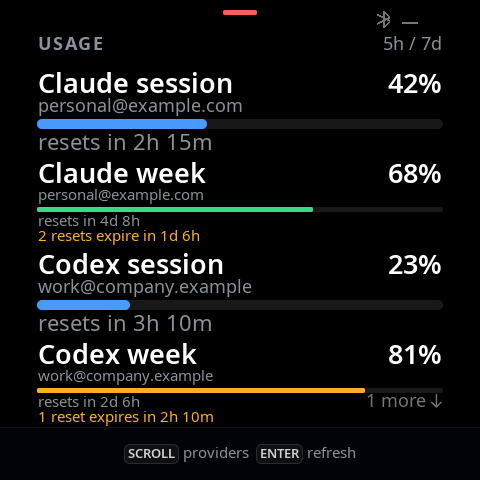 Deck Usage screen showing an amber reminder beneath the Claude weekly bar: 2 resets expire in 1d 6h
